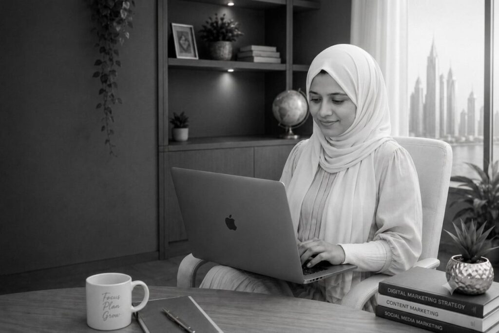 thasneem AM-digital marketing strategist in thrissur working on laptop